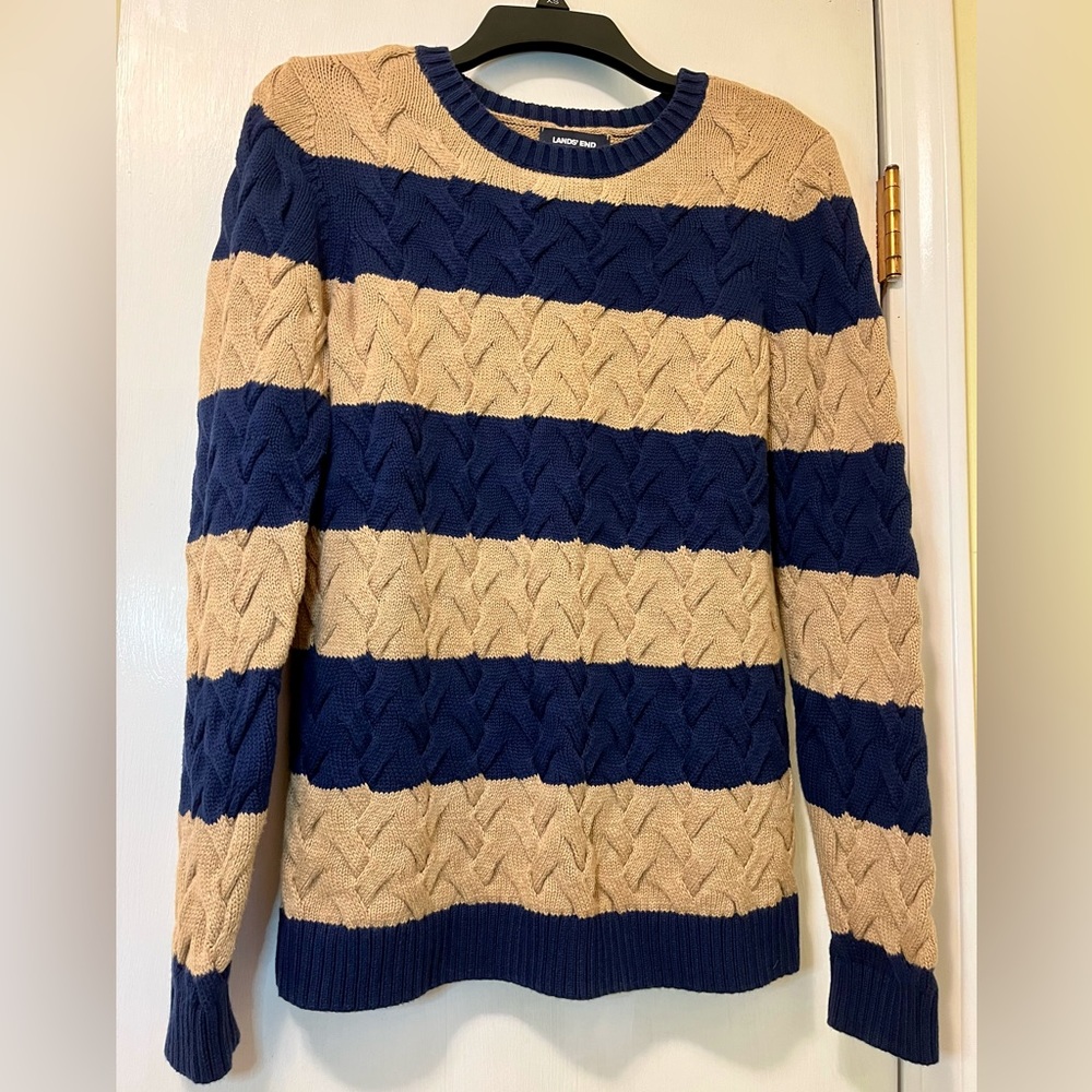 Lands End Drifter Cable Knit heavy 100% cotton sweater Blue Tan Stripe Size Sm